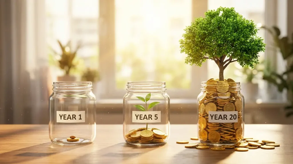 A 3D sequence of three glass jars showing compound interest growth over time, explaining what is compound interest investing for beginners following our long-term investing roadmap (1)