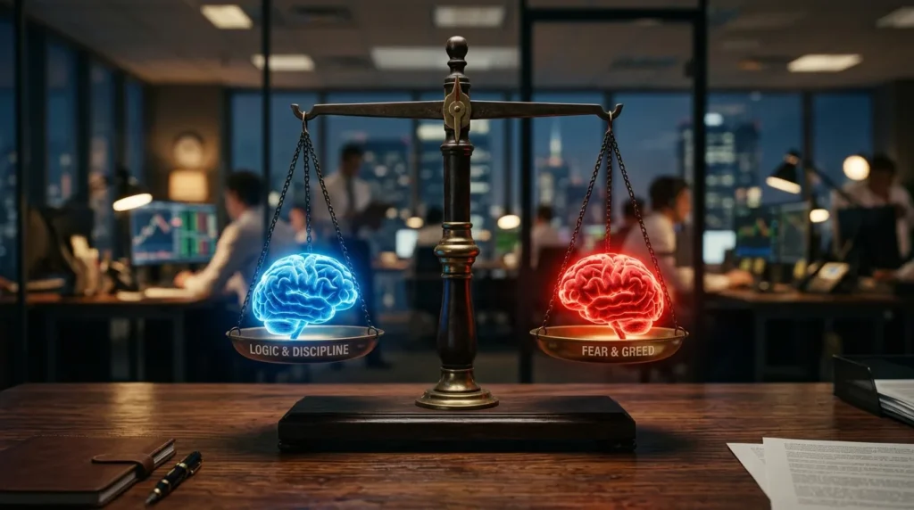 A visual representation of behavioral finance showing the balance between emotional trading and logical discipline to avoid common investing mistakes